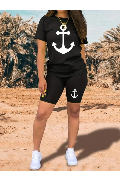 USLUCAN ALIŞVERİŞ Γυναικεία κοντομάνικη άγκυρα με στάμπα βισκόζης σετ δύο τεμ...