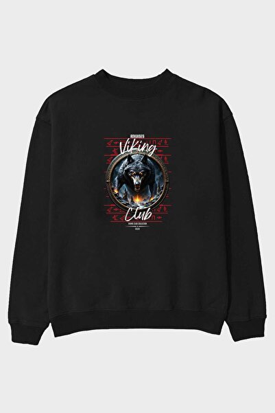 Ankhises Viking Mythology Series 28 Hanorac oversize negru imprimat în față B...