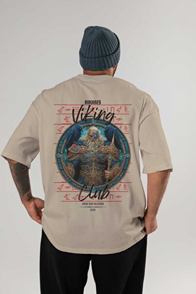 Ankhises Tricou supradimensionat bej cu imprimeu Odin pe spate, pentru bărbaț...