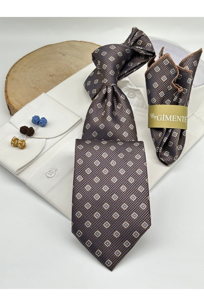 Gutiero Brown Patterned Classic Tie with Handkerchief
