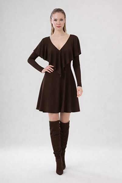 By Yaren Yazıcı Women's Black V-Neck Layered Short Dress – Stylish Casual & E...