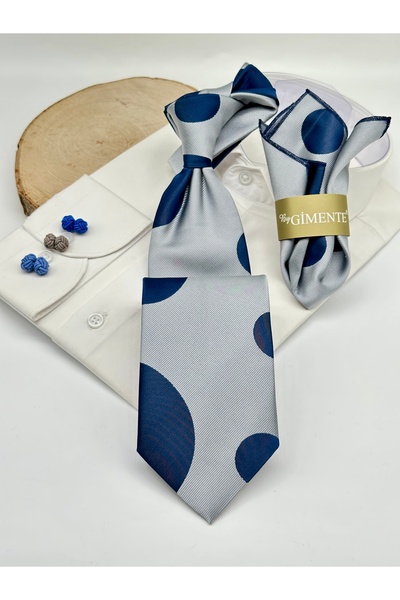 Gutiero Gray Navy Blue Polka Dot Classic Tie with Handkerchief