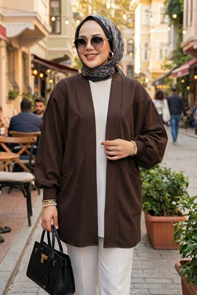 adamila Kadın Kahve Cepli Oversize Tesettür Ceket Hırka Mevsimlik Rahat Kesim...