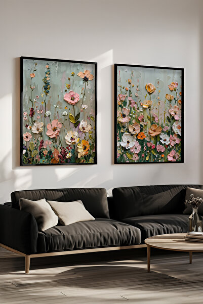 STARYUNA Black Wooden Framed Pastel Wild Flowers Double Painting Set Yuna534