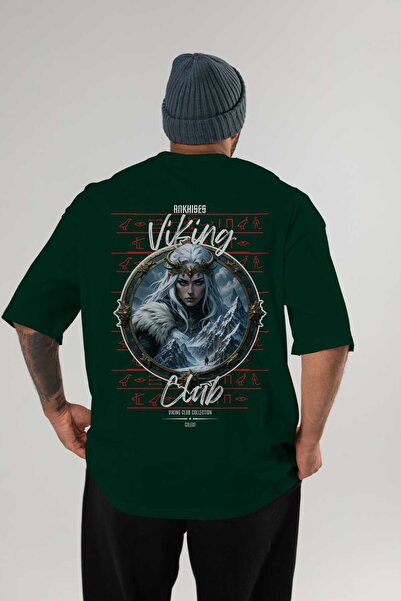 Ankhises Tricou Viking Mythology 19 cu imprimeu pe spate, verde, supradimensi...