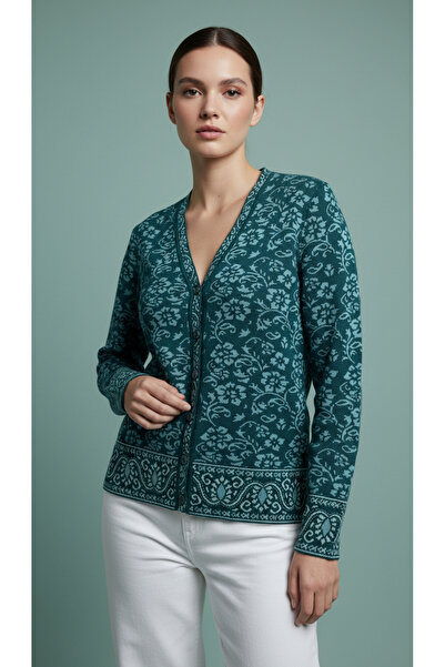 Digz fashion %100 Organic Yün Yeşil Etnik Desenli Düğmeli Triko Hırka