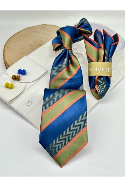 Gutiero Navy Blue Khaki Striped Classic Tie with Handkerchief