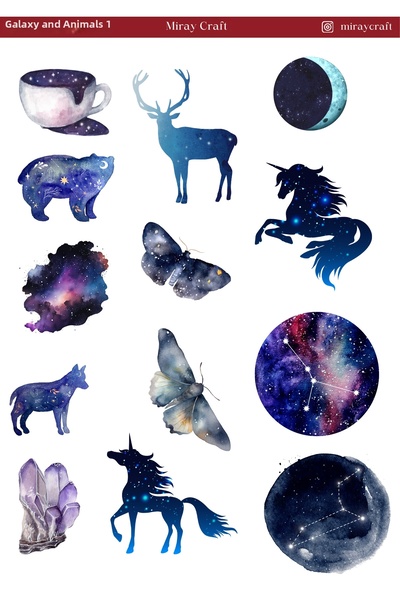 MirayDesign 1 Galaxy and Animal Themed Sticker Sheet (12×17 cm)