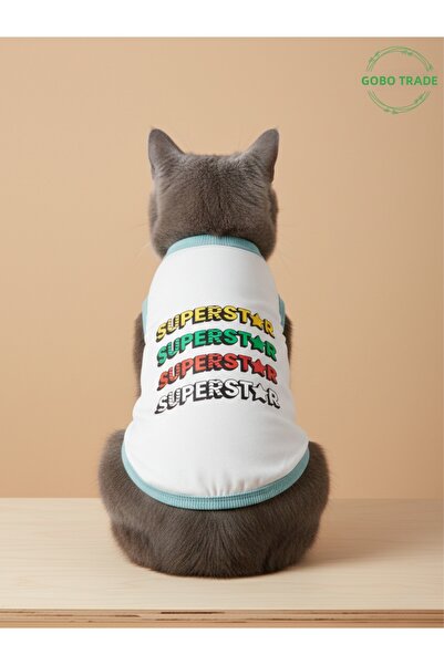 Gobo قميص أبيض مطبوع عليه SUPERSTAR للقطط والكلاب مقاس صغير/S/مقاس 1