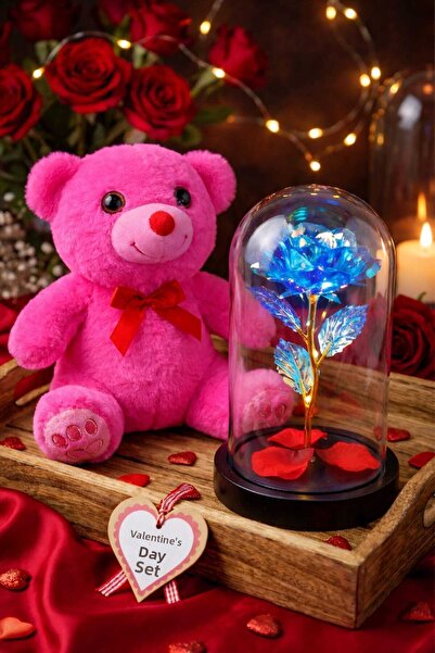 Fidan oyuncak Romantic Valentine's Day Gift Set 25 cm Plush Bear, Lighted Ros...