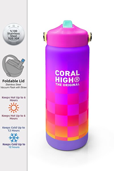 Coral High ترمس فولاذي قابل للطي بنمط مربعات بلون نيون مع فوهة 650 مل 38303