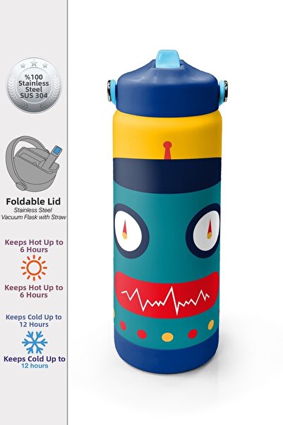 Coral High Navy Blue Indigo Robot Patterned Steel Thermos with Folding Spout ...