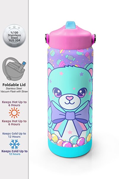 Coral High Milka Sugar Teddy Bear Patterned Steel Thermos with Folding Spout ...