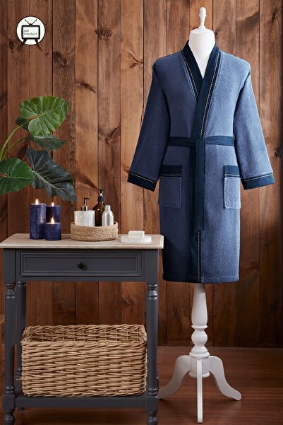 Özdilek Oregon Masculine Embroidered Denim Kimono Bathrobe XL - Navy Blue