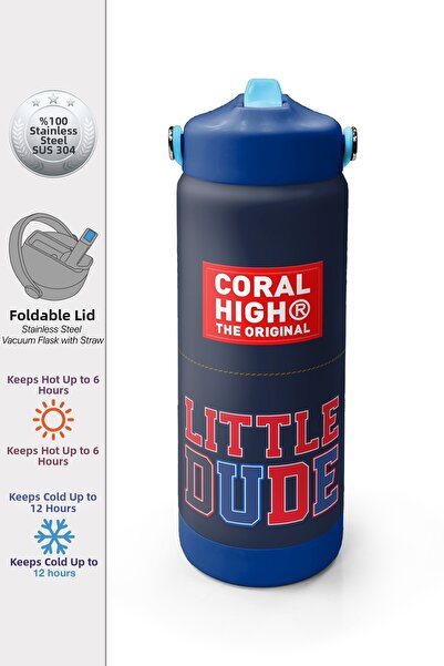 Coral High Navy Blue Little Dude Printed Steel Thermos with Folding Spout 650...