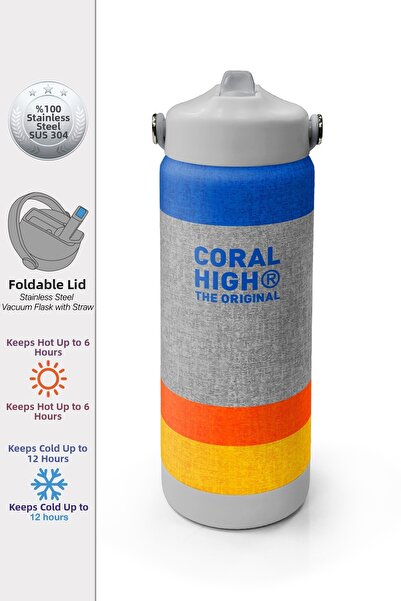 Coral High Gray Orange Line Patterned Steel Thermos with Folding Spout 650 ml...
