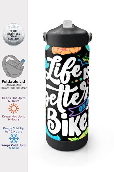 Coral High Black Colored Bicycle Patterned Steel Thermos with Folding Spout 6...