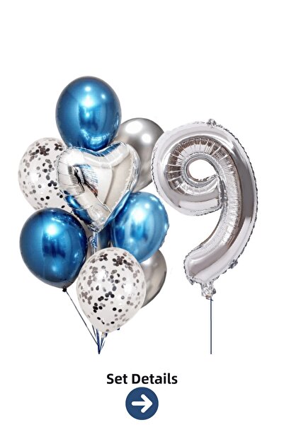 Bunloon 9 Year Old Silver Number Blue Silver Balloon Set