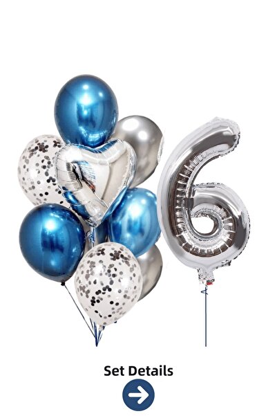 Bunloon 6 Year Old Silver Number Blue Silver Balloon Set