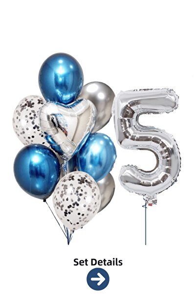 Bunloon 5 Year Old Silver Number Blue Silver Balloon Set