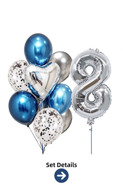 Bunloon 8 Year Old Silver Number Blue Silver Balloon Set