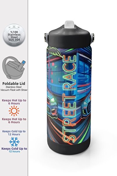 Coral High Black Multicolor Race Car Patterned Steel Thermos with Folding Spo...