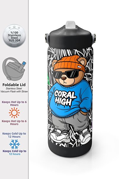 Coral High Graffiti Teddy Bear Patterned Steel Thermos with Folding Spout 650...