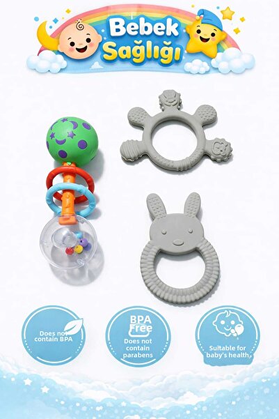 CKM silikon 3-Piece Baby Teether Set (Finger + Rabbit + Galaxy Rattle)