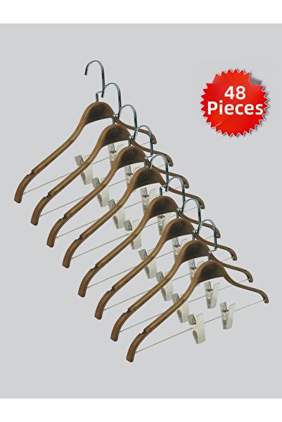 NYN خطاف خشبي 8061 من لاما نيكل فضي لتعليق الملابس والبلوزات والتنانير 48 قطعة