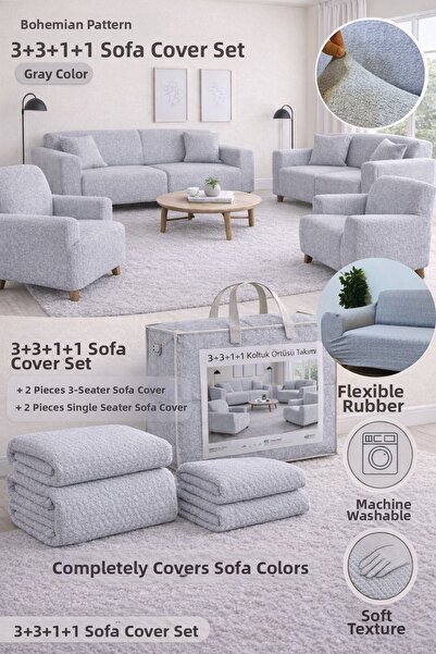 BTF HOME Bohemian Pattern Gray Elastic Sofa Cover 3+3+1+1 Set |   Flexible El...