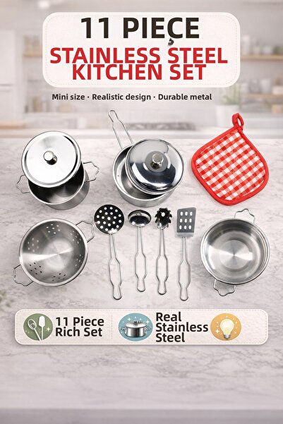 YILDIRIM OYUNCAK طقم قدور ومقلاة معدنية من الفولاذ المقاوم للصدأ مع 11 قطعة إ...