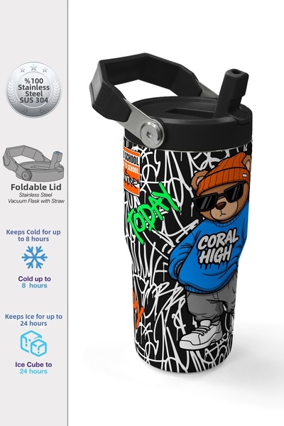Coral High Graffiti Teddy Bear Patterned Steel Thermos with Folding Spout 600...