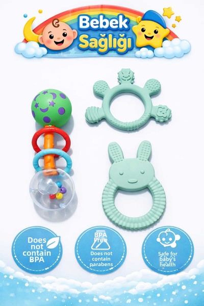 CKM silikon 3-Piece Baby Teether Set (Finger + Rabbit + Galaxy Rattle)