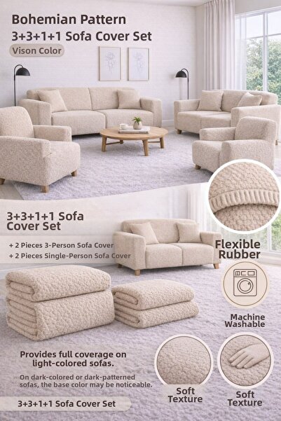 bibaha Κάλυμμα καναπέ με μποέμ μοτίβο κρεμ ελαστικό 3+3+1+1 Σετ ελαστικό κάλυ...