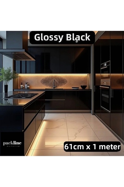 Packline Marketing رقائق لاصقة سوداء لامعة لتغطية خزائن المطبخ والأثاث 61 سم ...