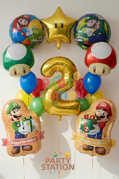 Parti Station Mario Themed 2 Year Old 16 Piece Birthday Balloon Set