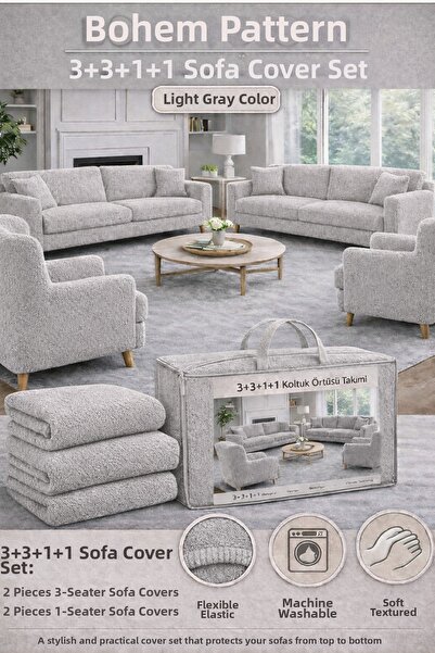 Hazineci Bey Bohemian Fabric Stone Gray Elastic Sofa Cover 3+3+1+1 Set Stretc...