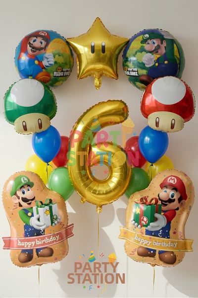 Parti Station مجموعة بالونات عيد الميلاد بعمر 6 سنوات بتصميم ماريو، مكونة من ...