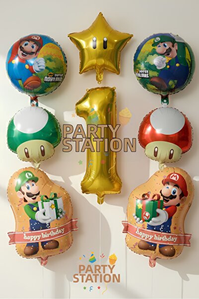 Parti Station Super Mario Balloon Set 1 Year Old - 8 Piece Foil Birthday Ball...