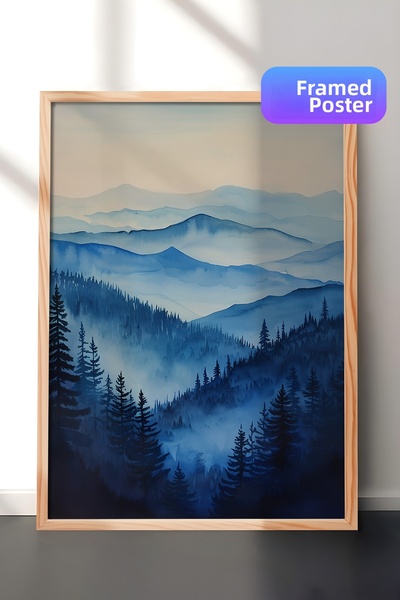 Zestia Tablou de perete cu ramă din lemn Pădurea de pini cețoase și munții Pe...