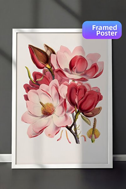 Zestia Pictură de perete înrămată în alb, în tonuri pastelate, flori de magno...