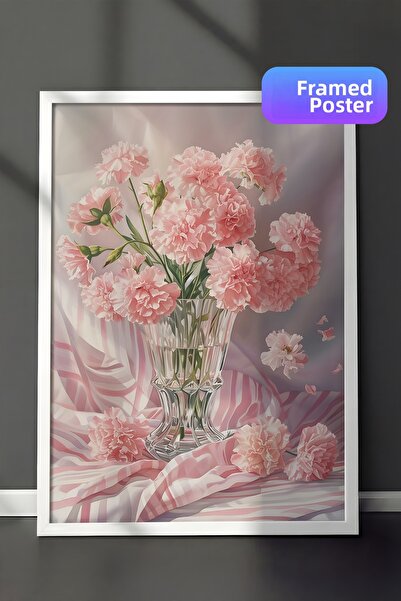 Zestia Pictură de perete înrămată albă Flori roz în vază Aranjament decorativ...