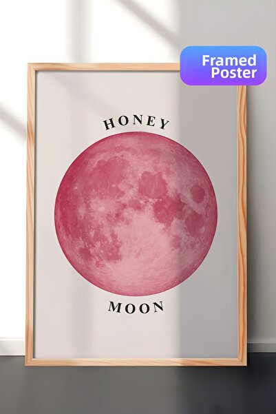 Zestia Wooden Framed Wall Painting Pink Full Moon Honey Moon Minimal Sky Bedr...