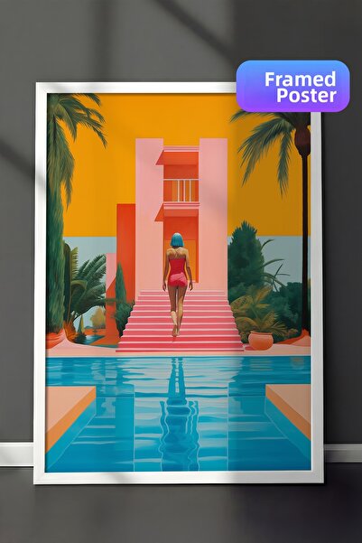 Zestia Pictură murală înrămată albă, peisaj tropical de vară cu arhitectură î...