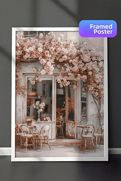 Zestia Pictură murală înrămată în alb, cu flori, peisaj romantic de cafenea d...