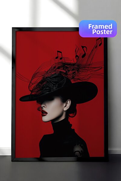 Zestia Pictură murală înrămată în negru, portret de modă a unei femei cu pălă...