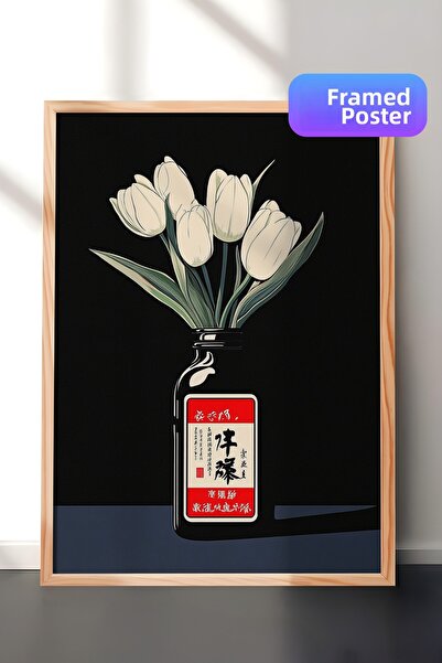 Zestia Pictură de perete înrămată în lemn, fundal negru, lalele albe în vază,...