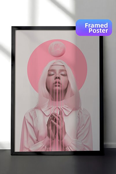 Zestia Ζωγραφική τοίχου με μαύρο πλαίσιο Γυναίκα που προσευχόμενη σε ροζ αποχ...