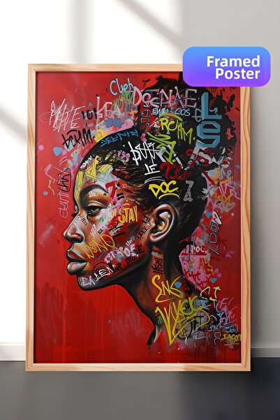 Zestia Pictură murală cu ramă din lemn, portret colorat de femeie în stil gra...