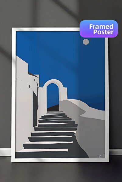 Zestia White Framed Wall Painting Mediterranean Stairs and White Architecture...